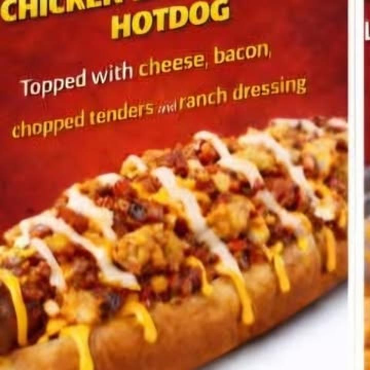 Chili cheese hotdog with bacon, tenders and ranch