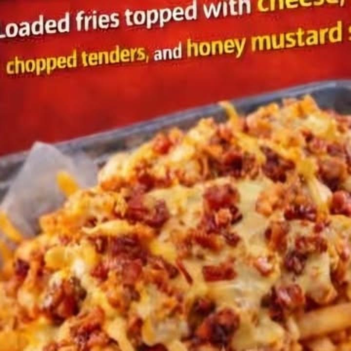 Loaded fries with cheese, bacon and honey mustard